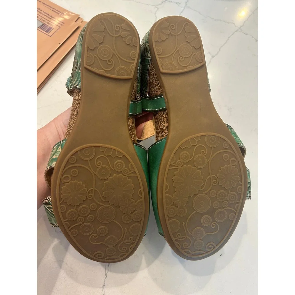 L'Artiste Quilana Sandals Green Leather Hand Painted Floral Wedge Boho Shoes 39